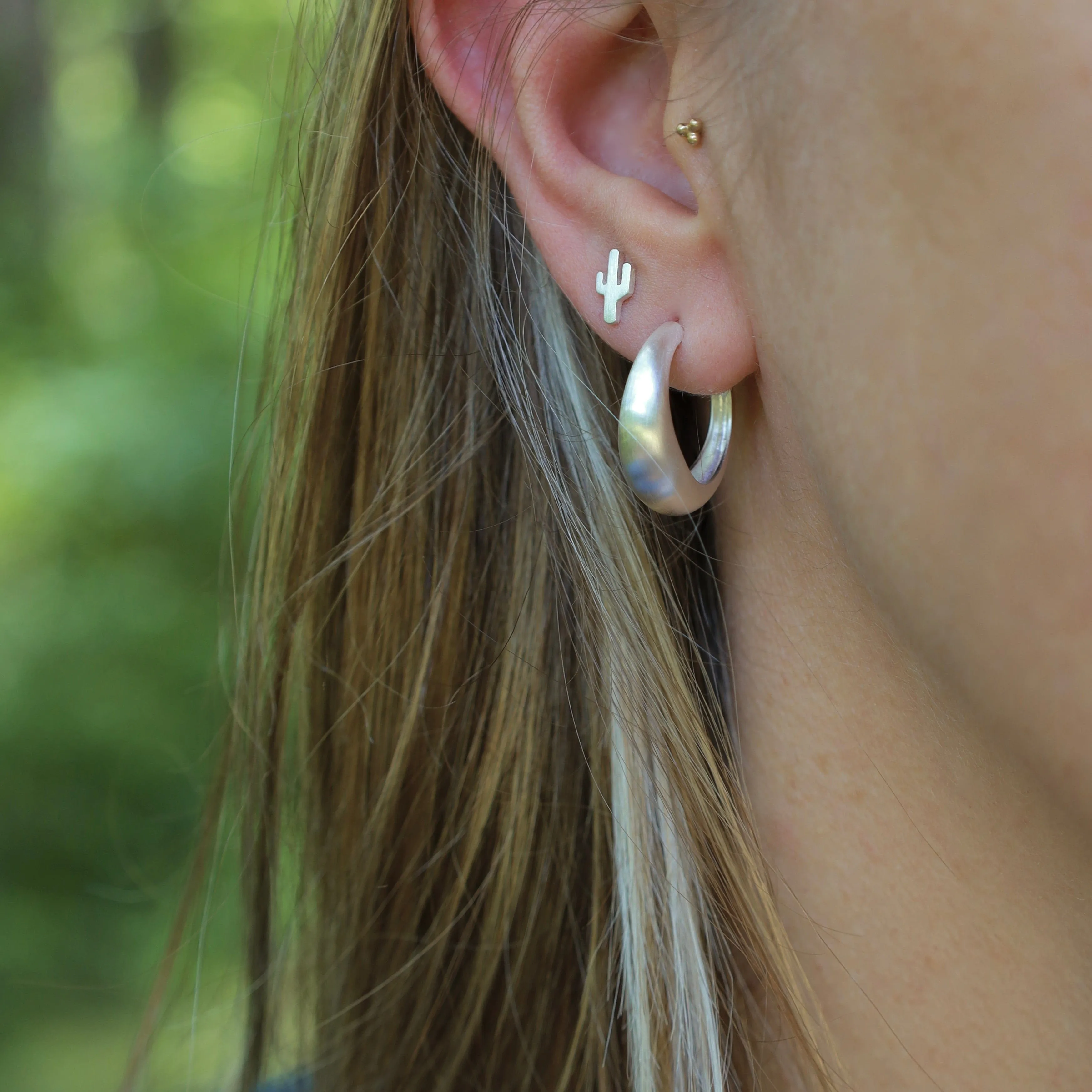 Tapered Dome Hoop on Post - Brushed Sterling Silver