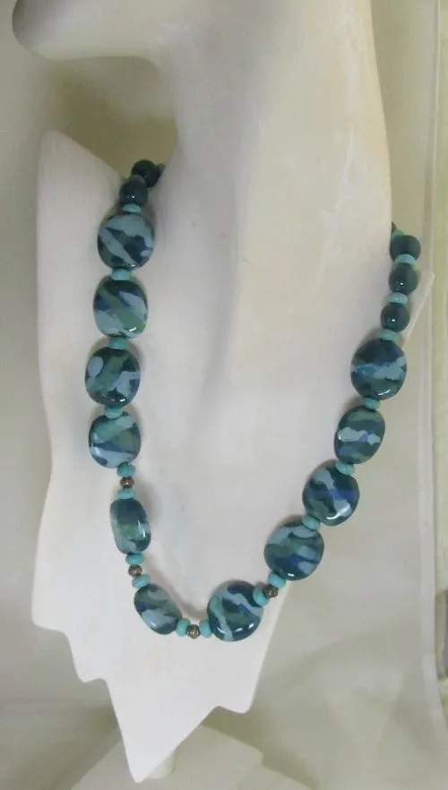 Teal and Aqua Fair Trade  Handmade Kazuri Bead Necklace