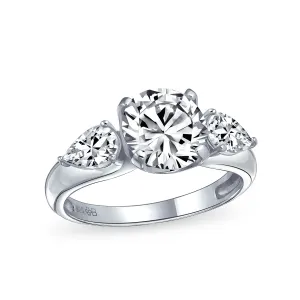 Timeless 3CT CZ Solitaire Round Engagement Ring with Trillion Side Stones Silver