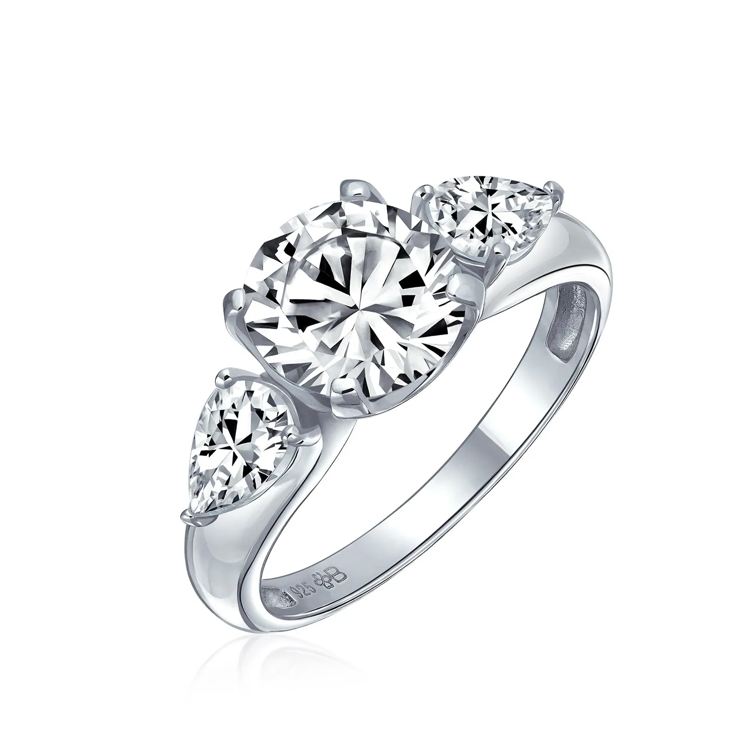 Timeless 3CT CZ Solitaire Round Engagement Ring with Trillion Side Stones Silver