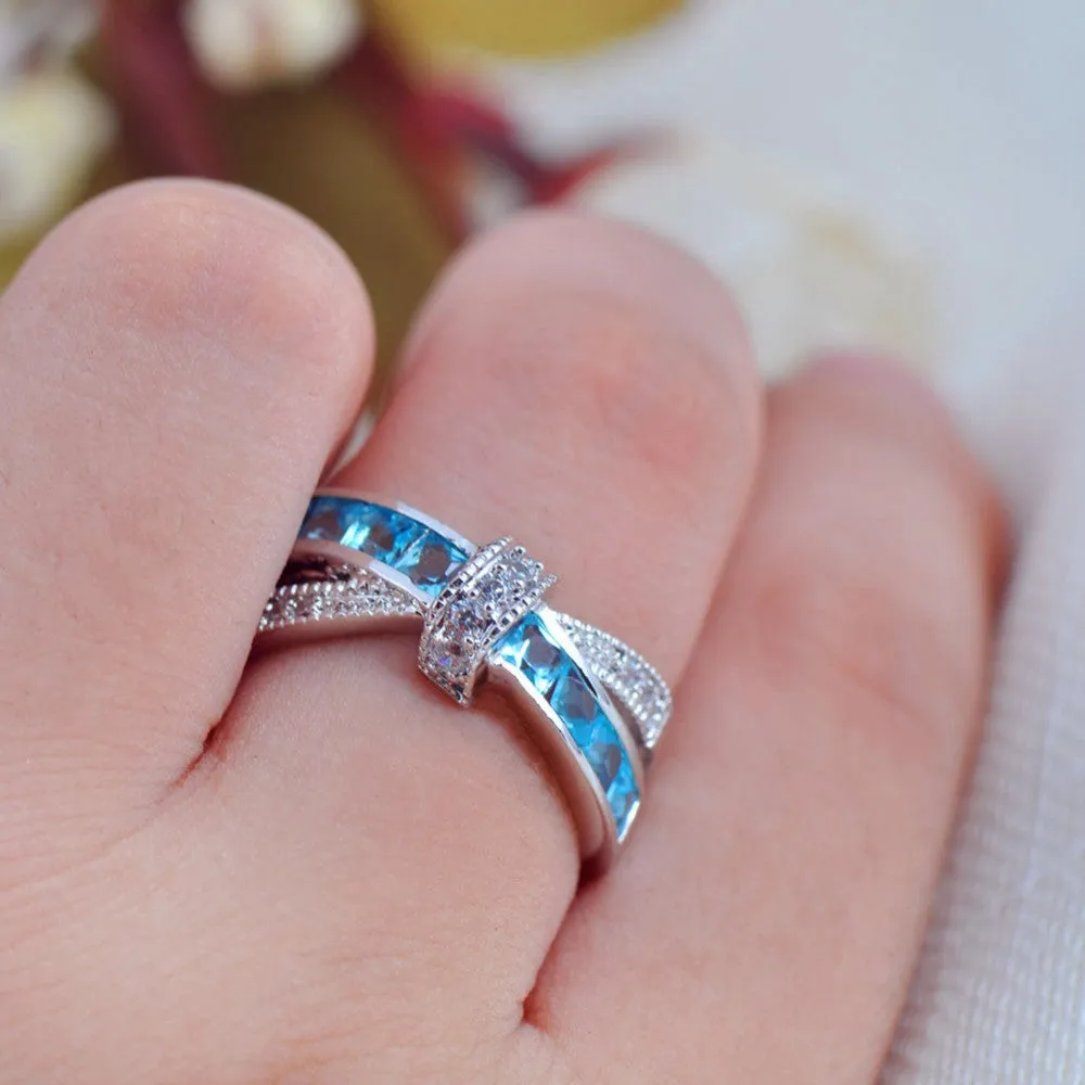 Top Quality Light Blue Female Ring White Gold Filled Jewelry Vintage Wedding Rings For Men And Women Bijoux Femme