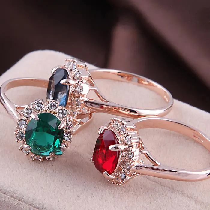 Top Quality Rose Gold Plated Created Emerald Finger Rings Elegant Brand Jewelry CZ Austrian Crystal For Women