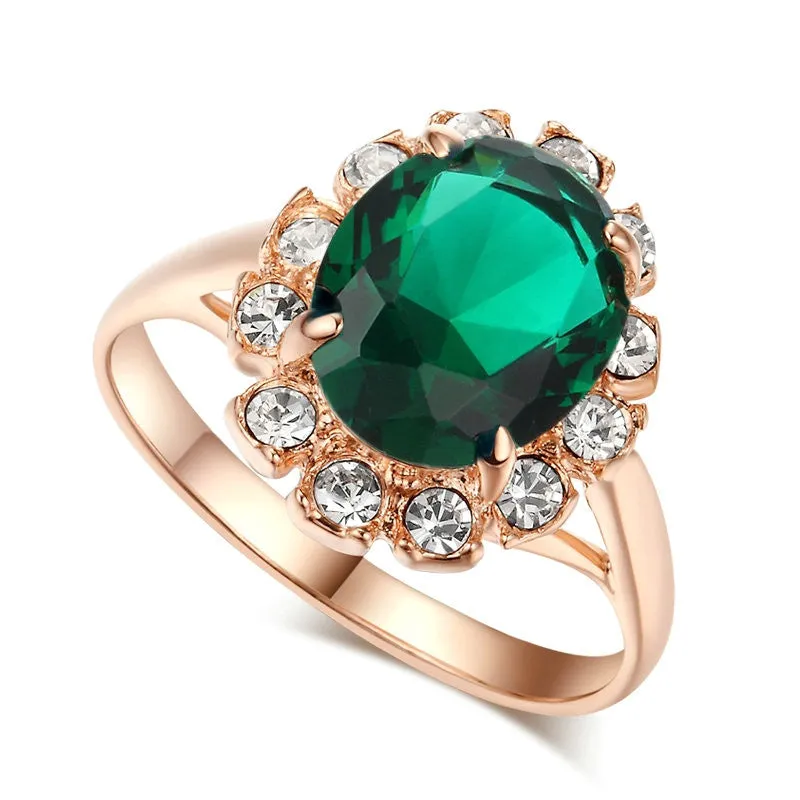 Top Quality Rose Gold Plated Created Emerald Finger Rings Elegant Brand Jewelry CZ Austrian Crystal For Women