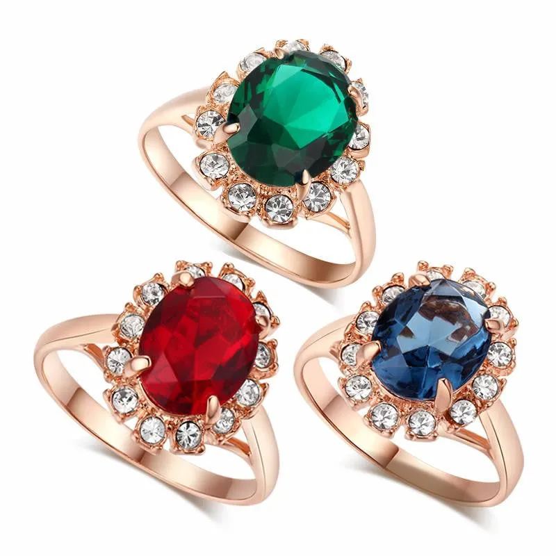 Top Quality Rose Gold Plated Created Emerald Finger Rings Elegant Brand Jewelry CZ Austrian Crystal For Women