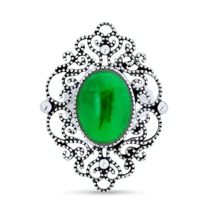 Trendy Vintage Filigree Silver Ring with Green Jade Oval Statement Design