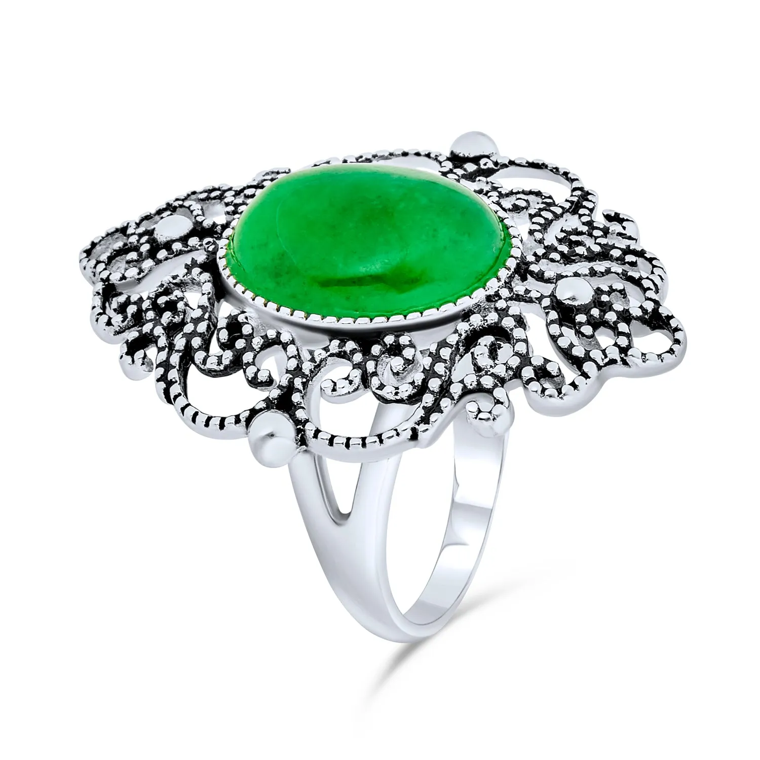 Trendy Vintage Filigree Silver Ring with Green Jade Oval Statement Design