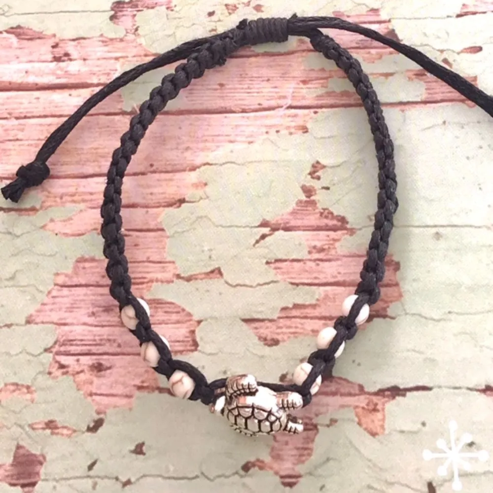 Turtle Bracelet / Black Cord  / Cream Beads