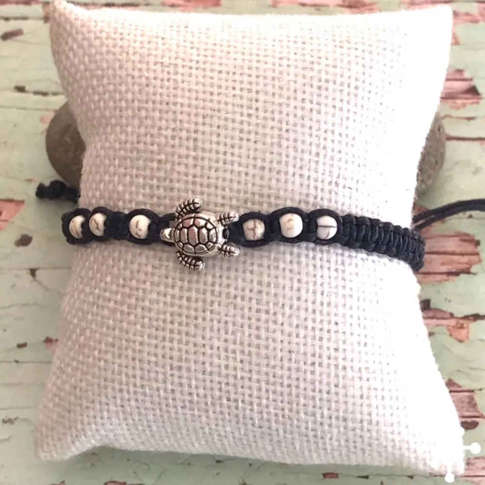 Turtle Bracelet / Black Cord  / Cream Beads