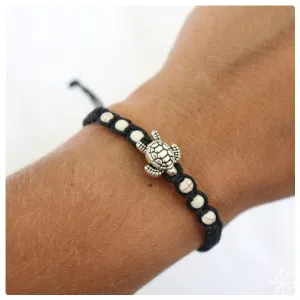 Turtle Bracelet / Black Cord  / Cream Beads