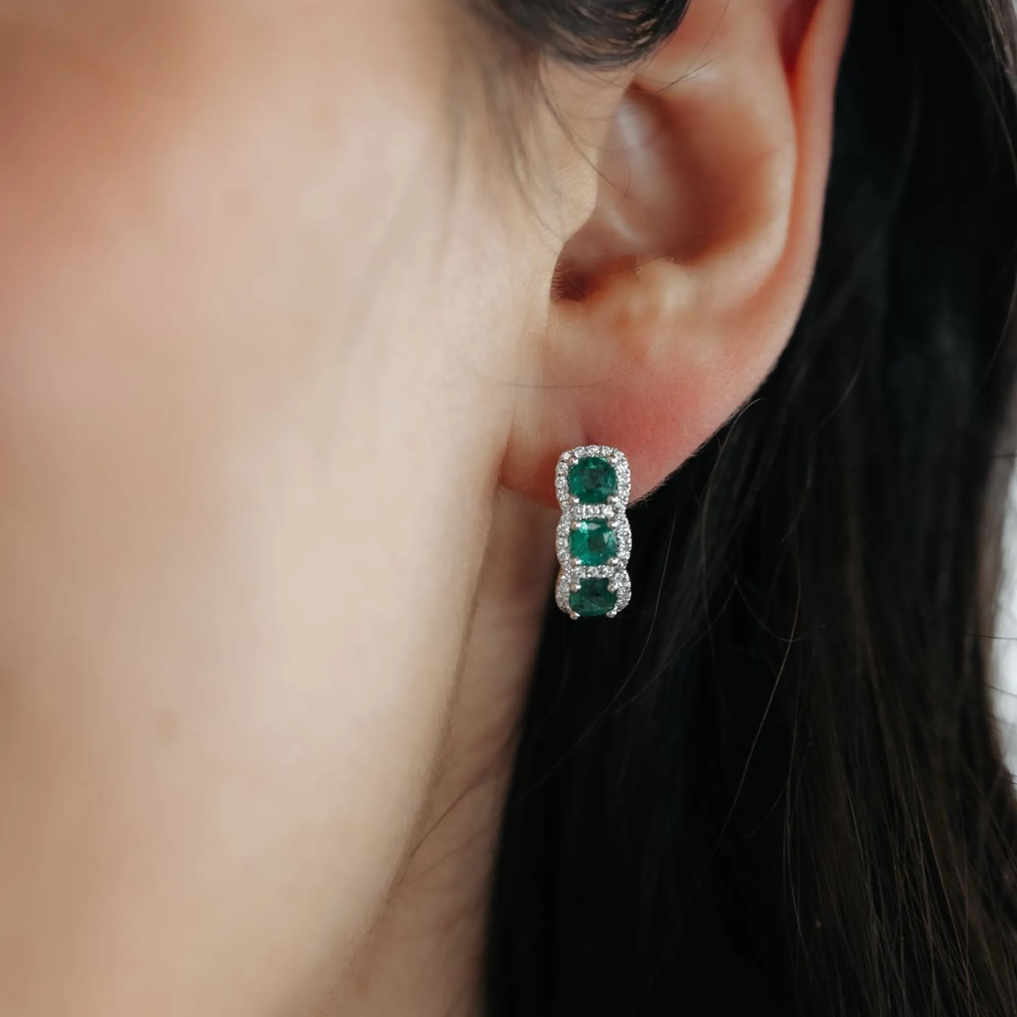 U-Hoop Emerald & Diamond Halo Earring