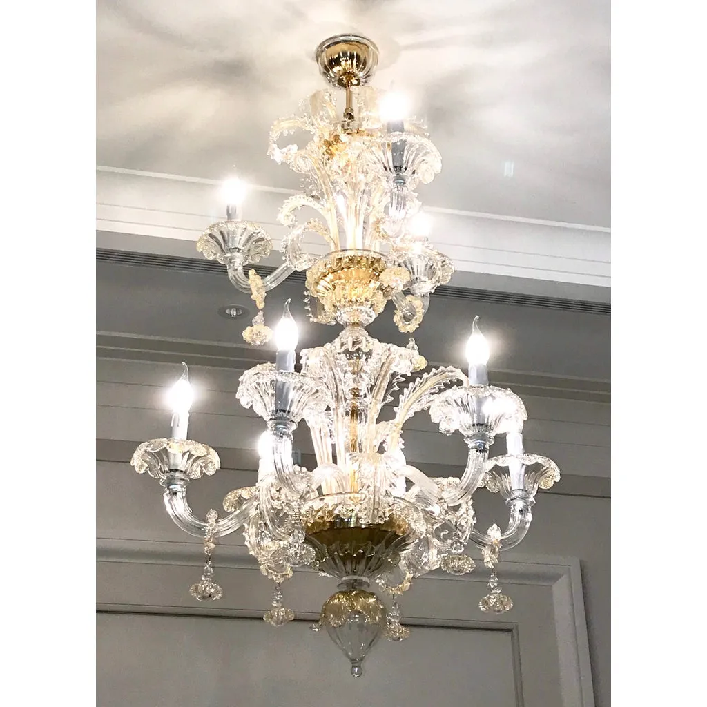 Venetian Baroque Style 9-Light Crystal Pure Gold Murano Glass Modern Chandelier