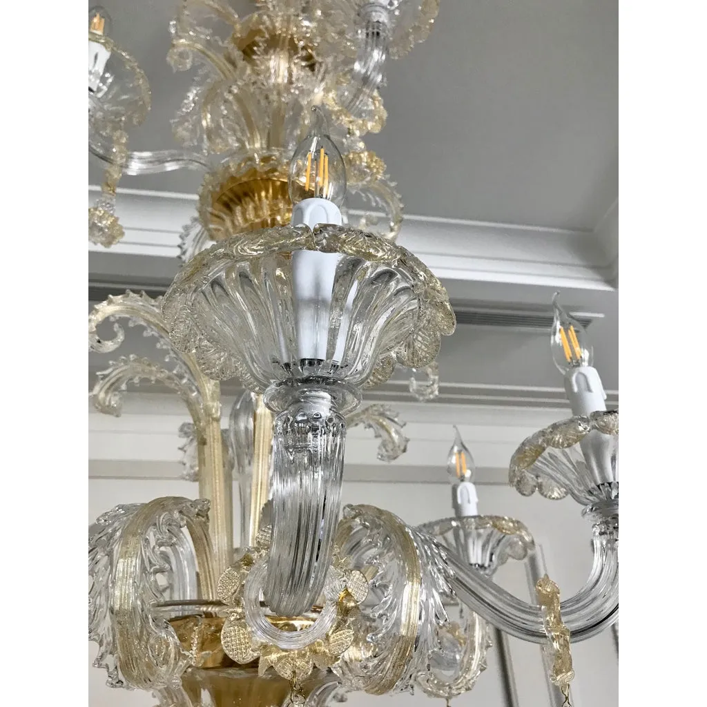 Venetian Baroque Style 9-Light Crystal Pure Gold Murano Glass Modern Chandelier