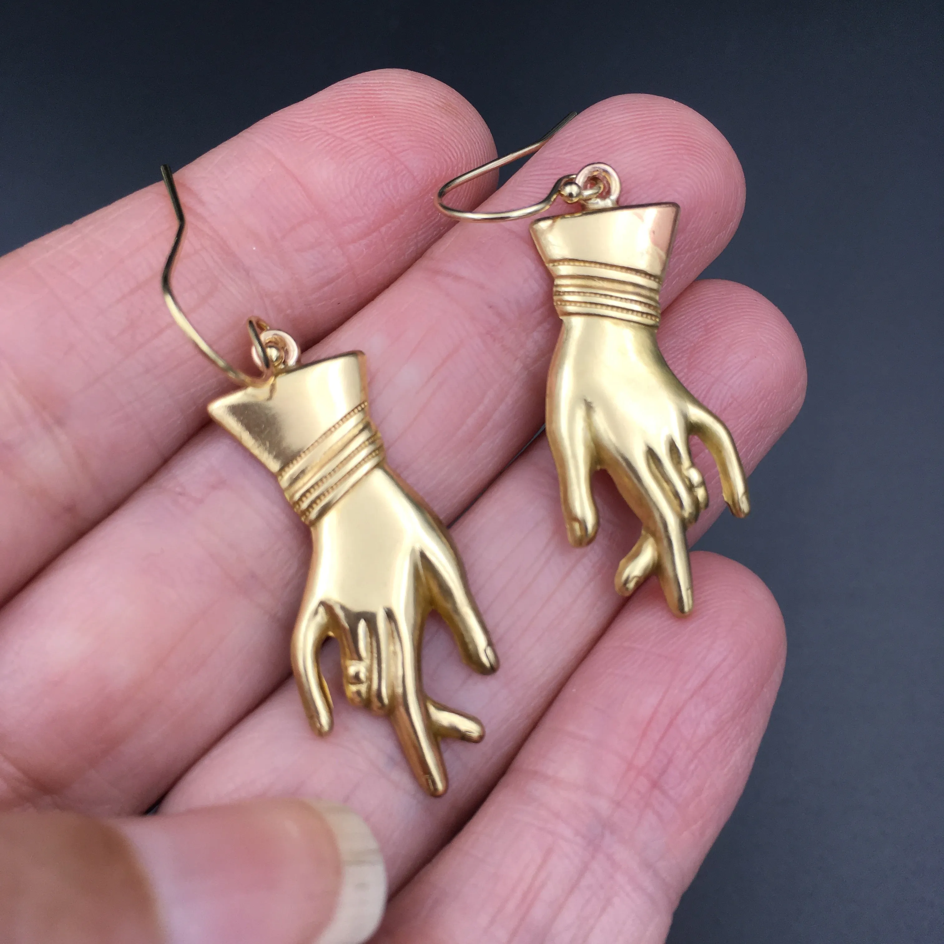 Victorian Style Handmade Brass & Gold Hand Dangle Earrings